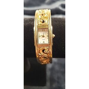 Goldtone Cuff Bracelet Quarts Watch 6½" Scrolled Band New Battery